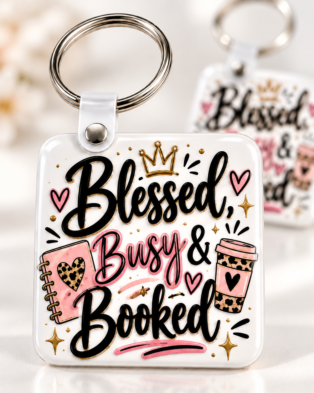Blessed, Busy & Booked Keychain novelty keychain mockup featuring decorative phrase lettering, product view 2