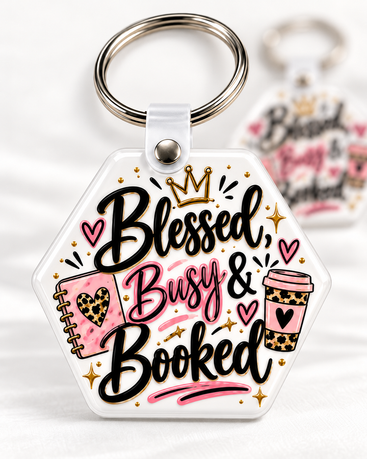 Blessed, Busy & Booked Keychain novelty keychain mockup featuring decorative phrase lettering, product view 4