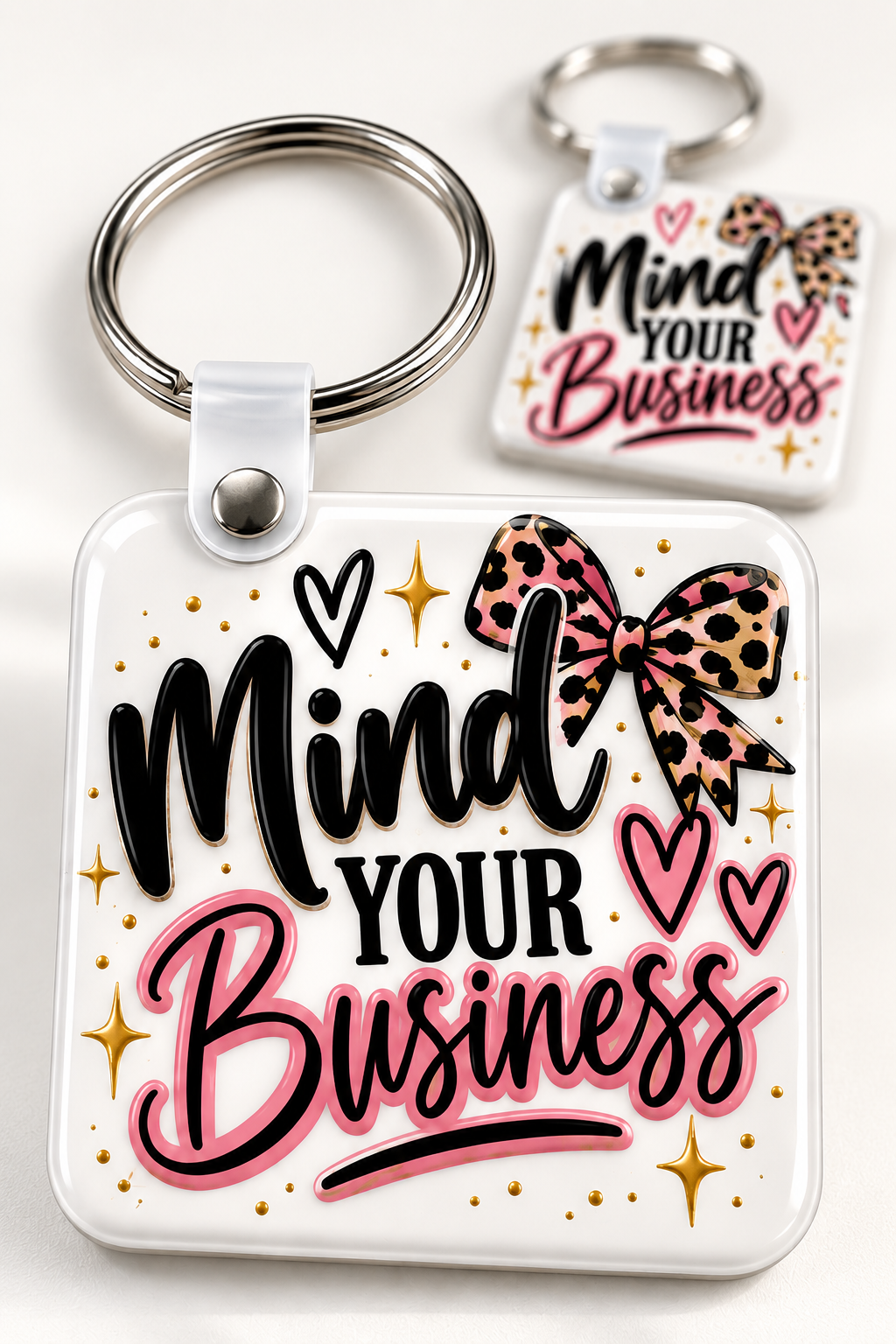 Mind Your Business Keychain novelty keychain mockup featuring decorative phrase lettering, product view 2
