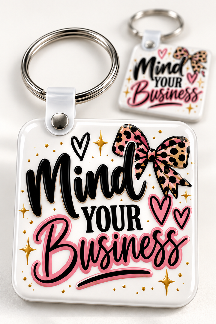 Mind Your Business Keychain novelty keychain mockup featuring decorative phrase lettering, product view 2