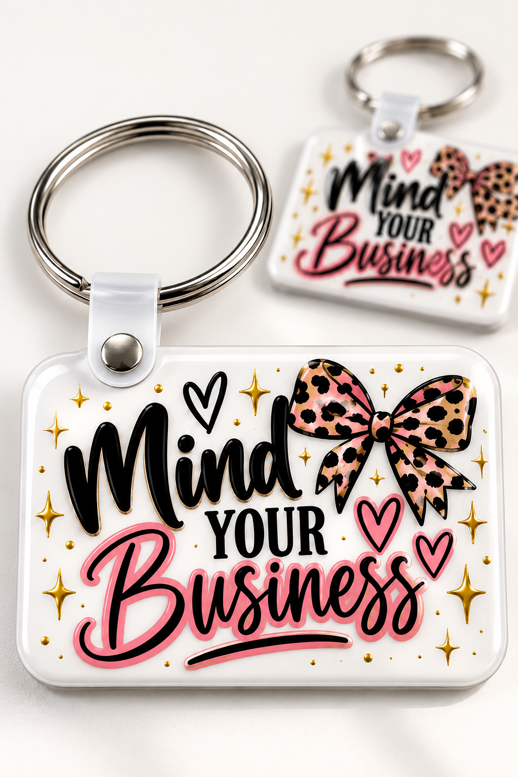 Mind Your Business Keychain novelty keychain mockup featuring decorative phrase lettering, product view 1