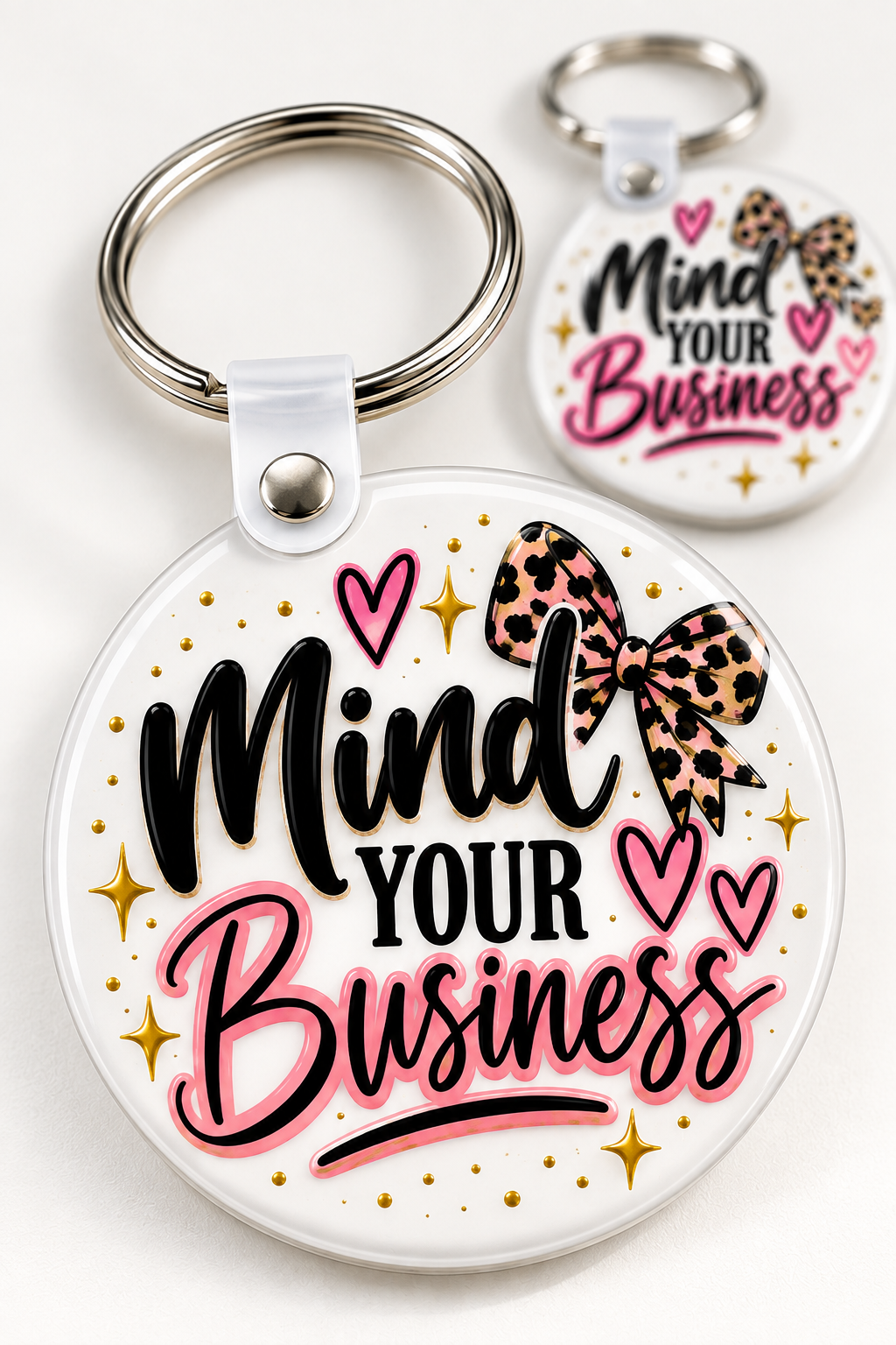 Mind Your Business Keychain novelty keychain mockup featuring decorative phrase lettering, product view 3