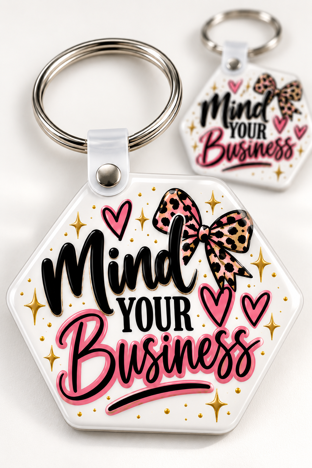 Mind Your Business Keychain novelty keychain mockup featuring decorative phrase lettering, product view 4