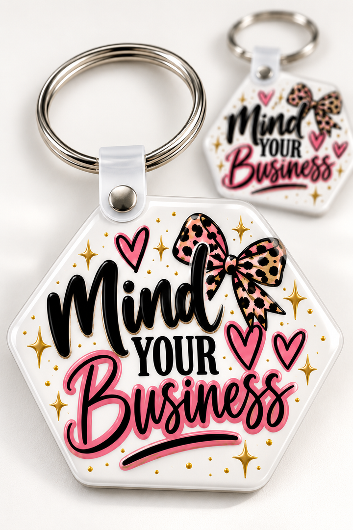Mind Your Business Keychain novelty keychain mockup featuring decorative phrase lettering, product view 4