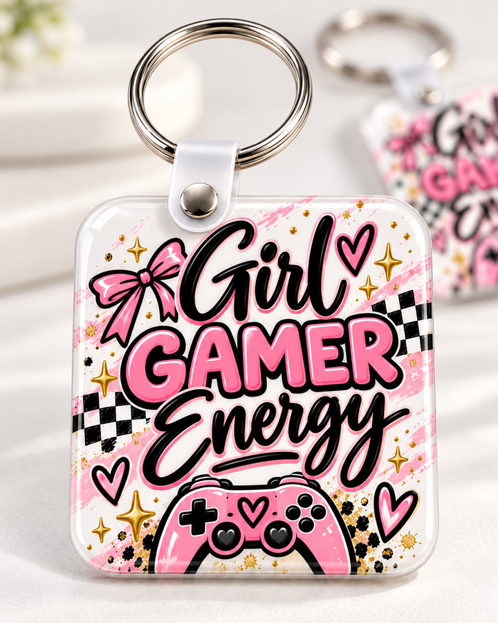 Girl Gamer Energy Keychain novelty keychain mockup featuring gaming-themed lettering, product view 2