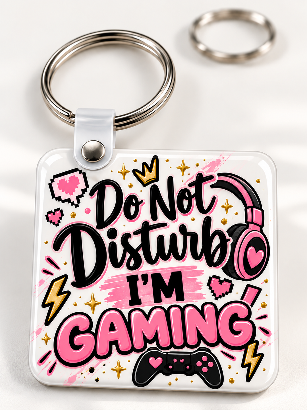 Do Not Disturb   I'm Gaming Keychain novelty keychain mockup featuring gaming-themed lettering, product view 2