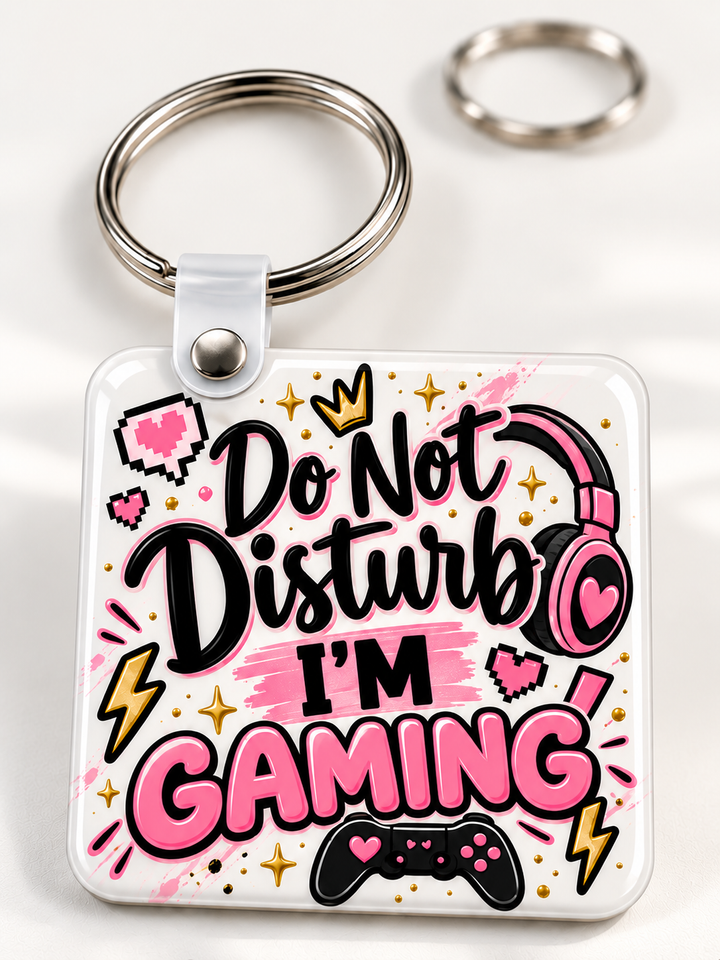 Do Not Disturb   I'm Gaming Keychain novelty keychain mockup featuring gaming-themed lettering, product view 2