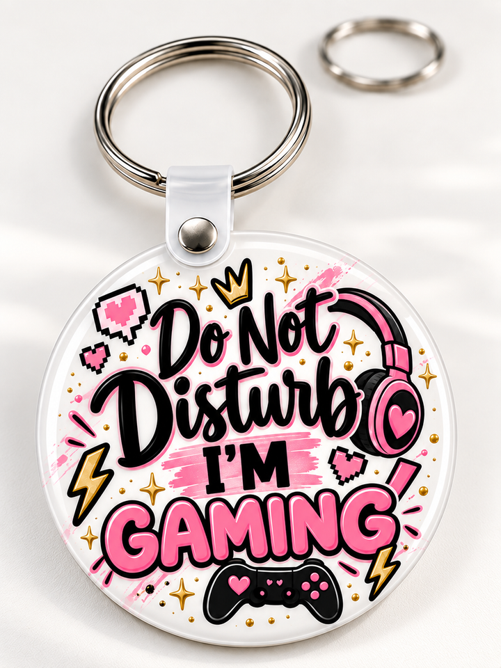 Do Not Disturb   I'm Gaming Keychain novelty keychain mockup featuring gaming-themed lettering, product view 3