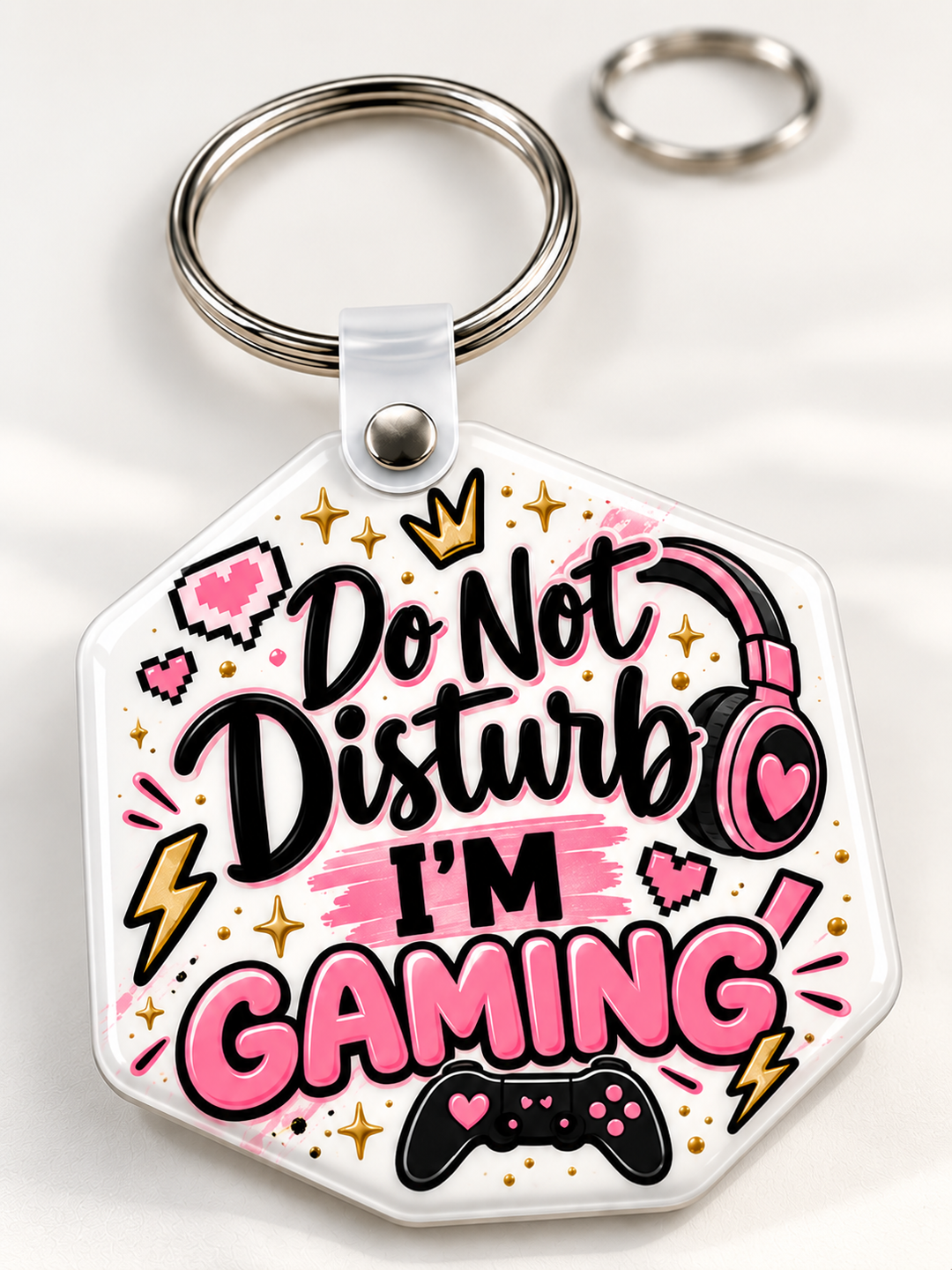 Do Not Disturb   I'm Gaming Keychain novelty keychain mockup featuring gaming-themed lettering, product view 4
