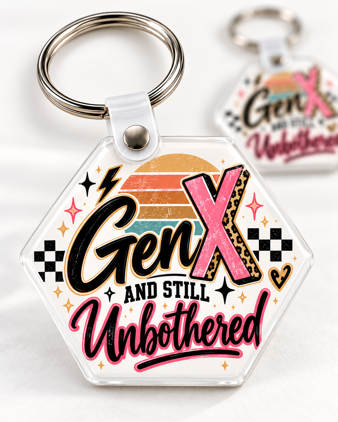 Gen X and Still Unbothered Keychain novelty keychain mockup featuring retro-inspired lettering, product view 4