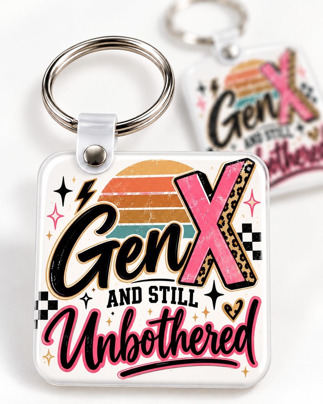 Gen X and Still Unbothered Keychain novelty keychain mockup featuring retro-inspired lettering, product view 2
