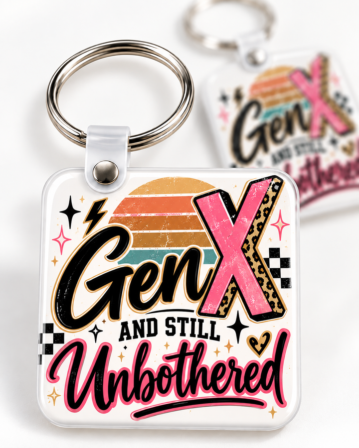 Gen X and Still Unbothered Keychain novelty keychain mockup featuring retro-inspired lettering, product view 2