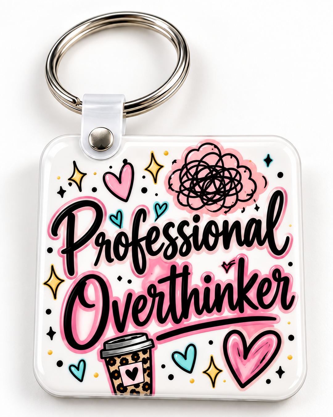 Professional Overthinker Keychain novelty keychain mockup featuring decorative phrase lettering, product view 1