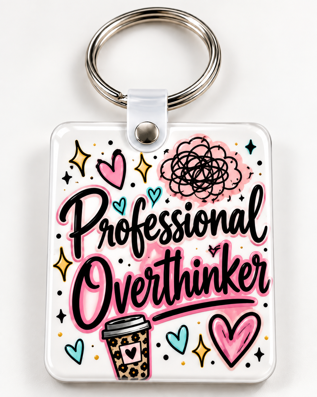 Professional Overthinker Keychain novelty keychain mockup featuring decorative phrase lettering, product view 2