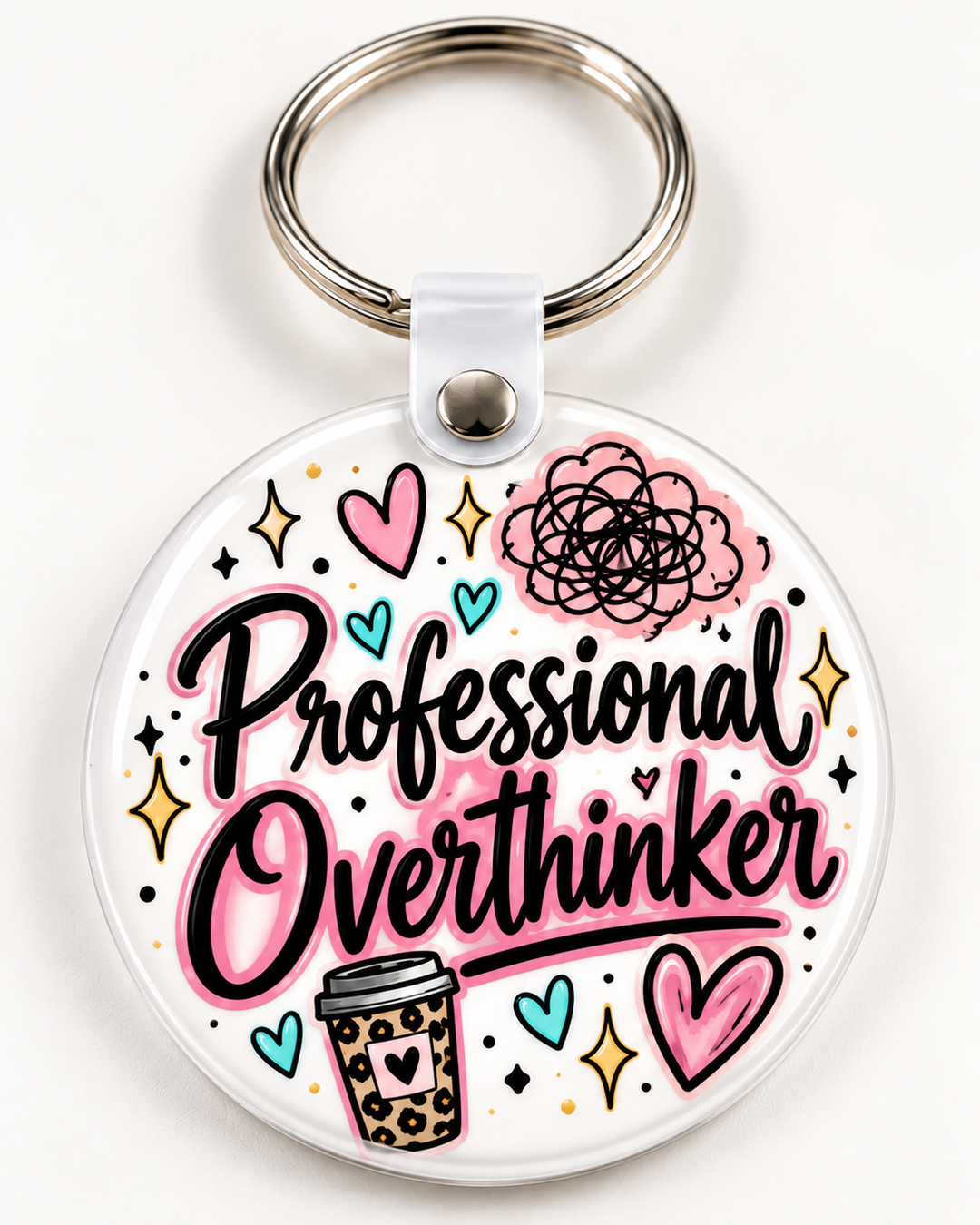 Professional Overthinker Keychain novelty keychain mockup featuring decorative phrase lettering, product view 3
