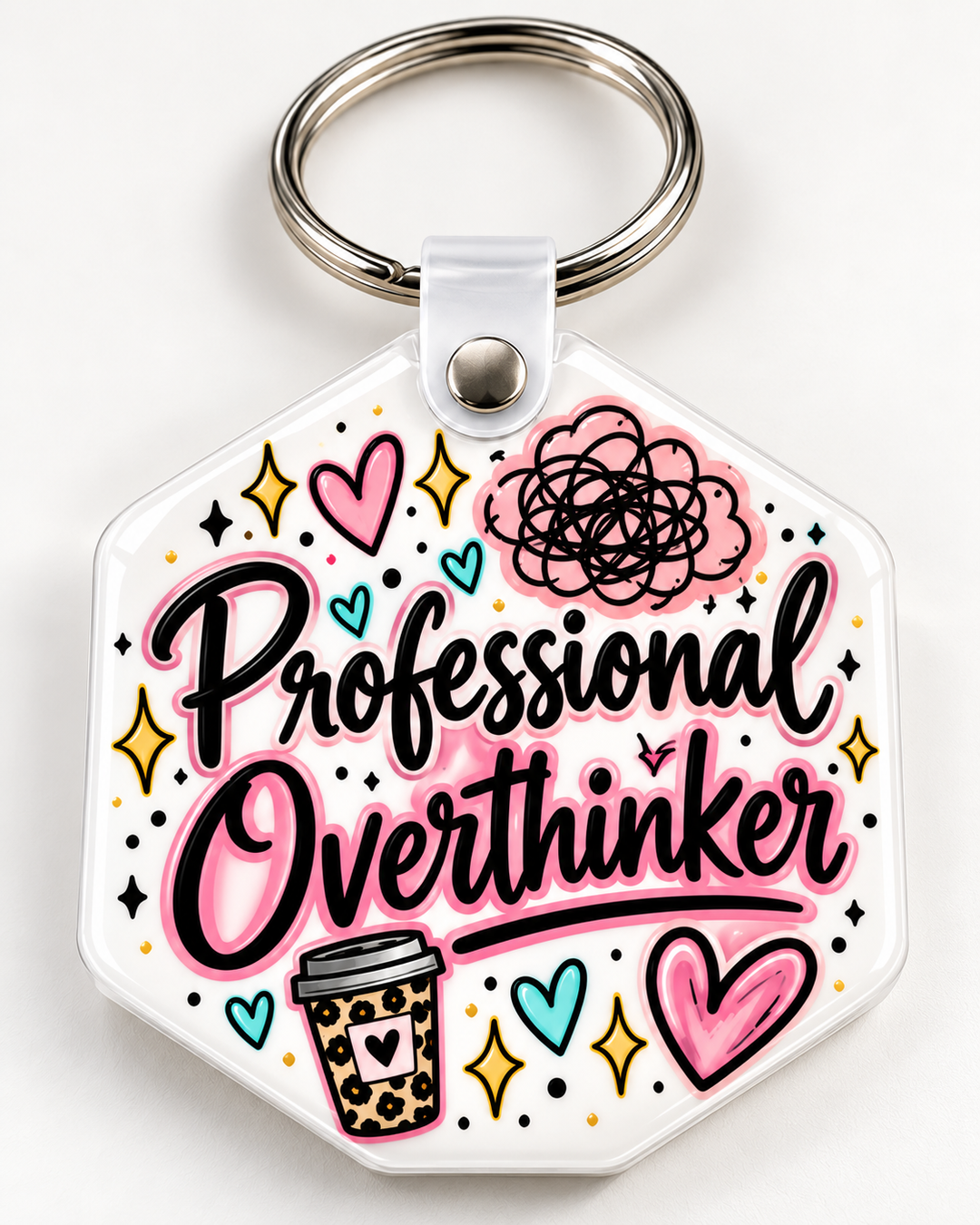 Professional Overthinker Keychain novelty keychain mockup featuring decorative phrase lettering, product view 4