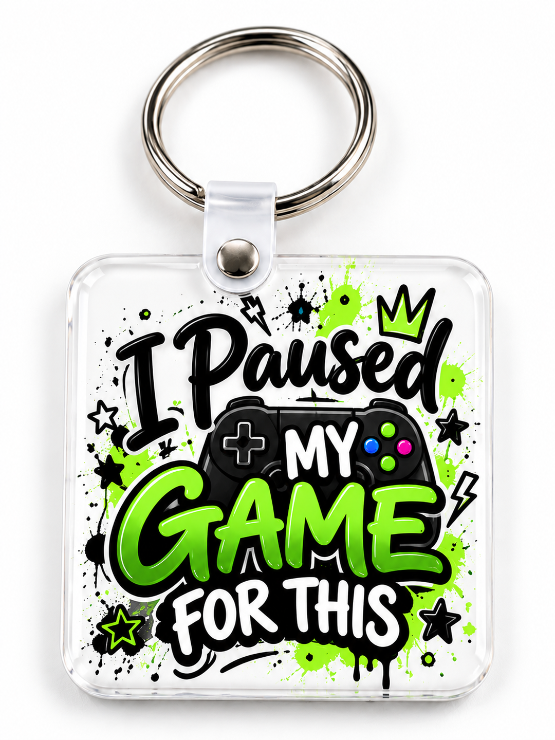 I Paused My Game for This Keychain novelty keychain mockup featuring gaming-themed lettering, product view 2