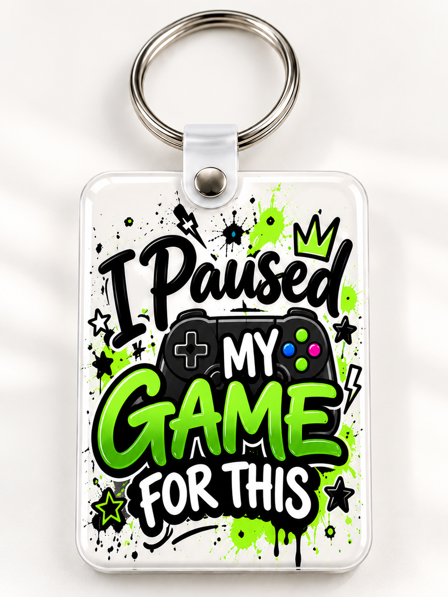 I Paused My Game for This Keychain novelty keychain mockup featuring gaming-themed lettering, product view 1