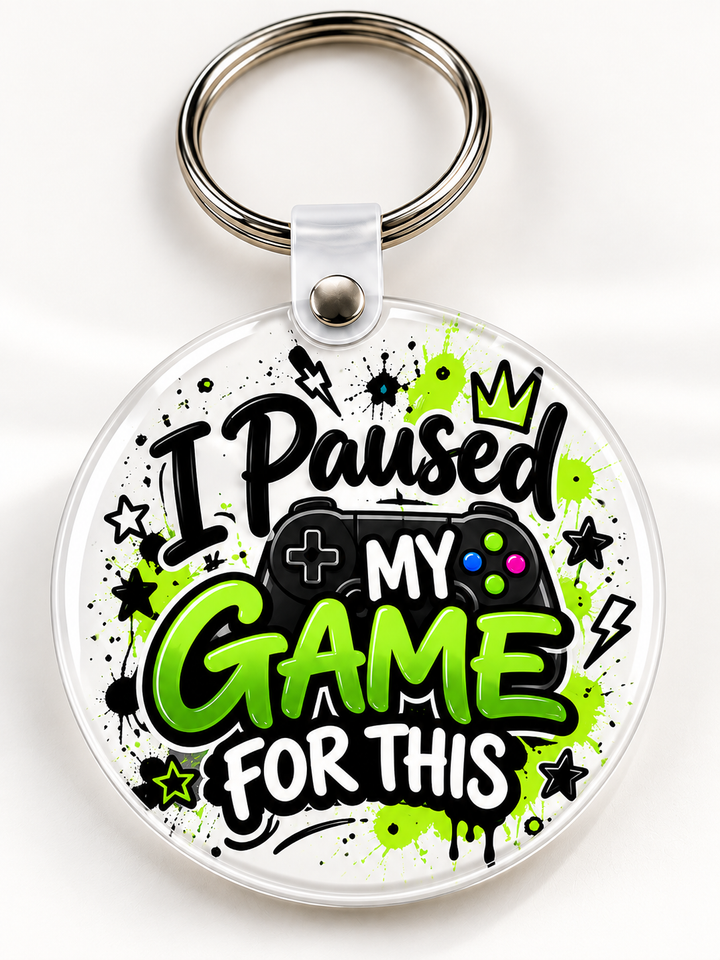 I Paused My Game for This Keychain novelty keychain mockup featuring gaming-themed lettering, product view 3