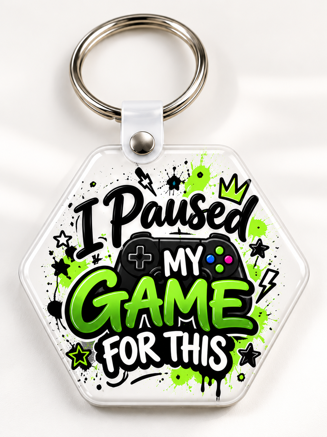 I Paused My Game for This Keychain novelty keychain mockup featuring gaming-themed lettering, product view 4