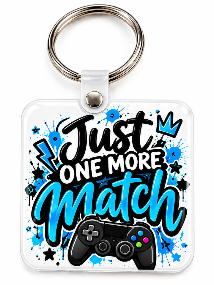 Just One More Match Keychain novelty keychain mockup featuring gaming-themed lettering, product view 2