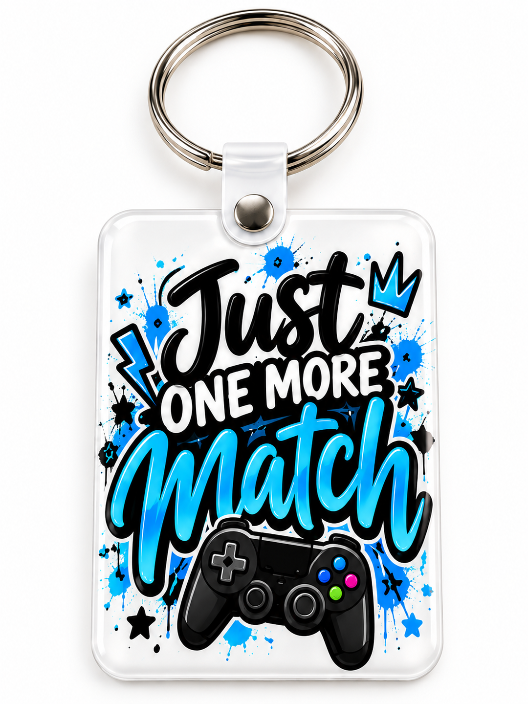 Just One More Match Keychain novelty keychain mockup featuring gaming-themed lettering, product view 1