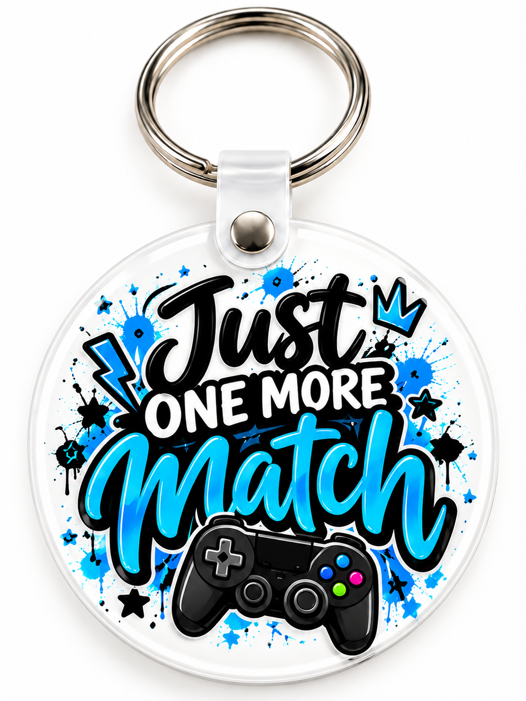 Just One More Match Keychain novelty keychain mockup featuring gaming-themed lettering, product view 3
