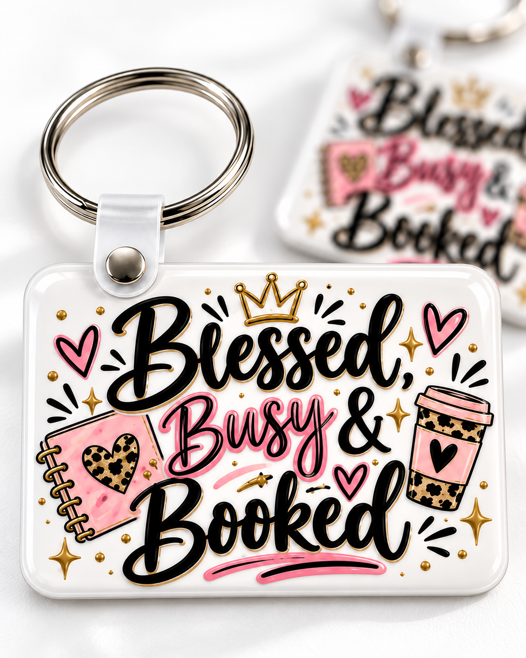 Blessed, Busy & Booked Keychain novelty keychain mockup featuring decorative phrase lettering, product view 1