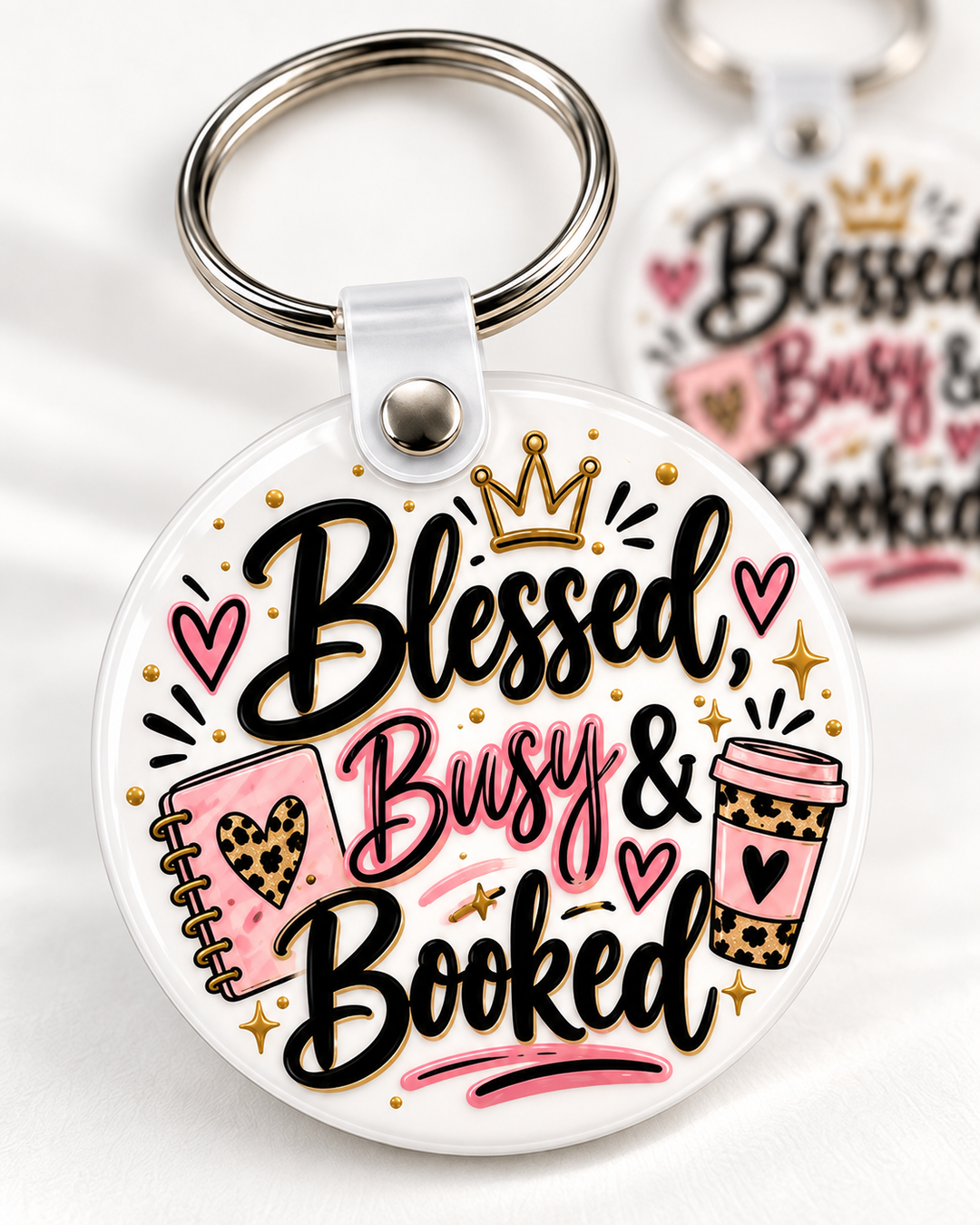 Blessed, Busy & Booked Keychain novelty keychain mockup featuring decorative phrase lettering, product view 3