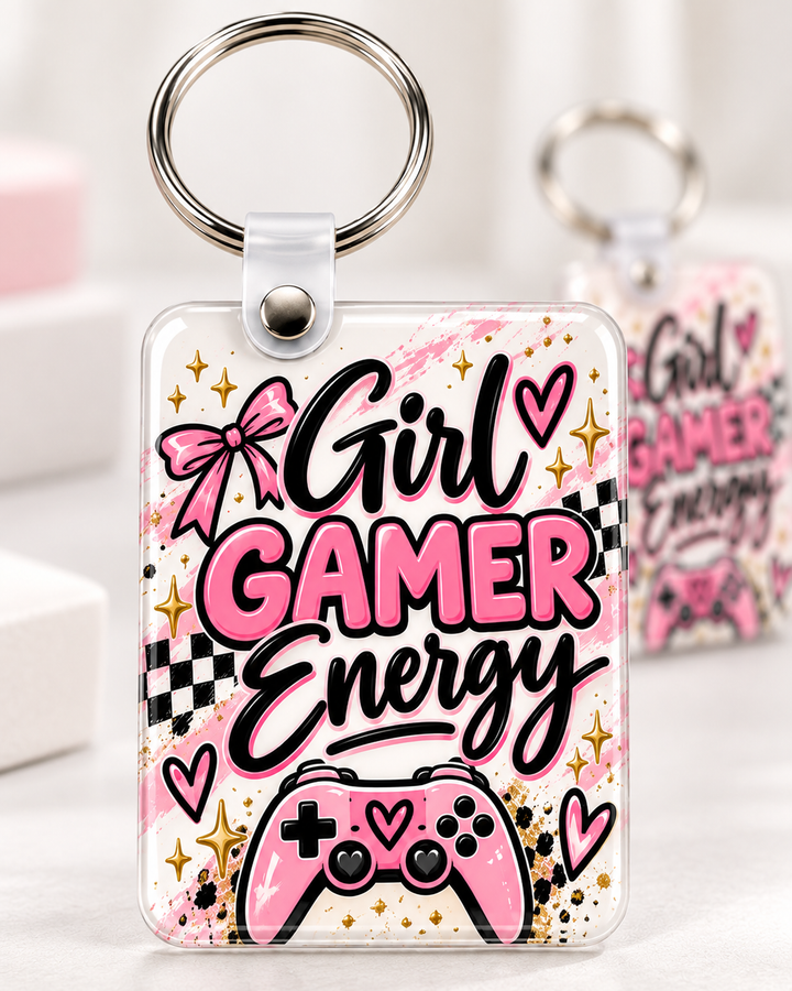 Girl Gamer Energy Keychain novelty keychain mockup featuring gaming-themed lettering, product view 1