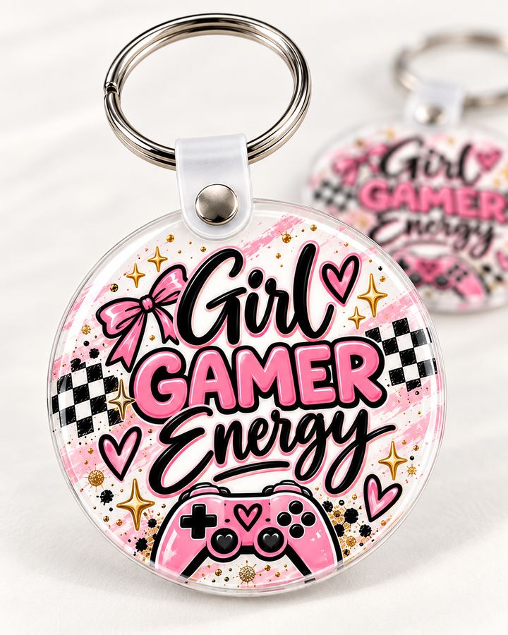 Girl Gamer Energy Keychain novelty keychain mockup featuring gaming-themed lettering, product view 3