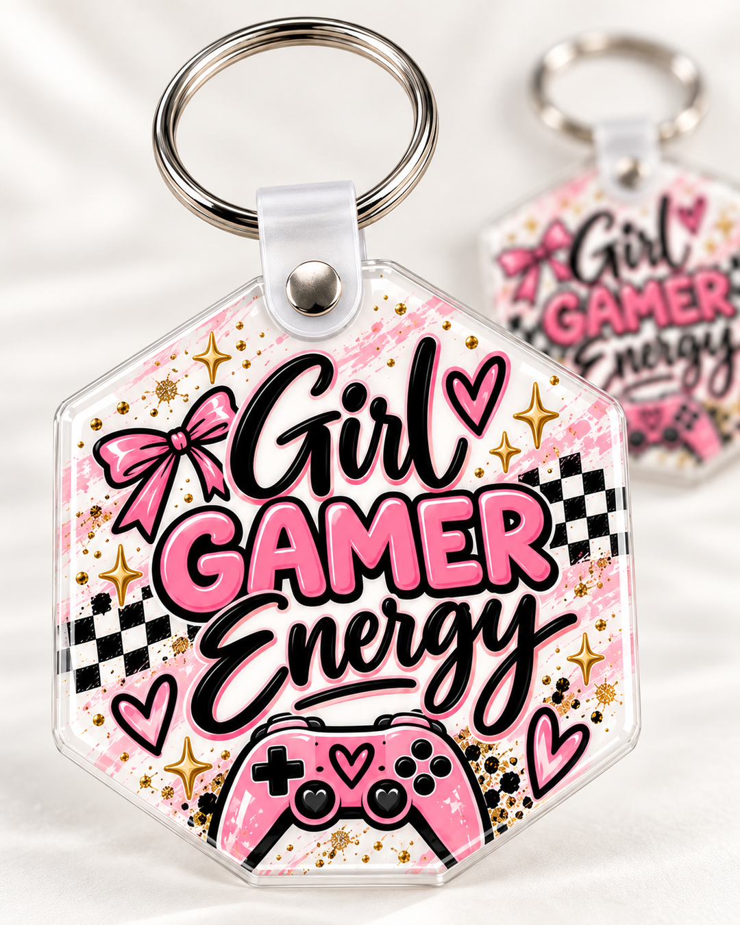 Girl Gamer Energy Keychain novelty keychain mockup featuring gaming-themed lettering, product view 4