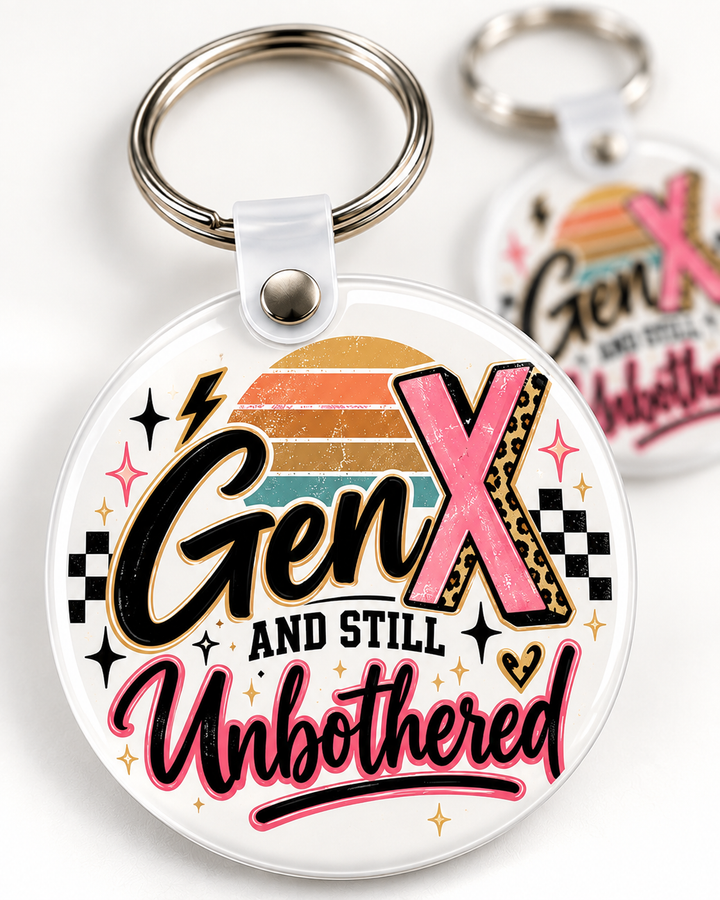 Gen X and Still Unbothered Keychain novelty keychain mockup featuring retro-inspired lettering, product view 3