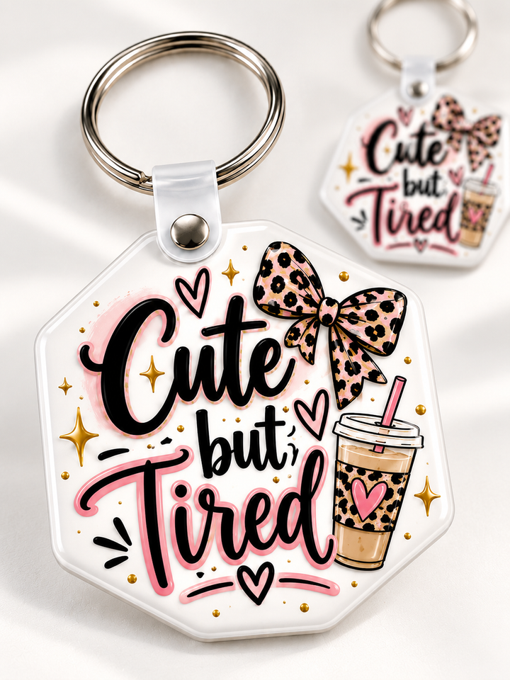 Cute but Tired keychain — Hexagon